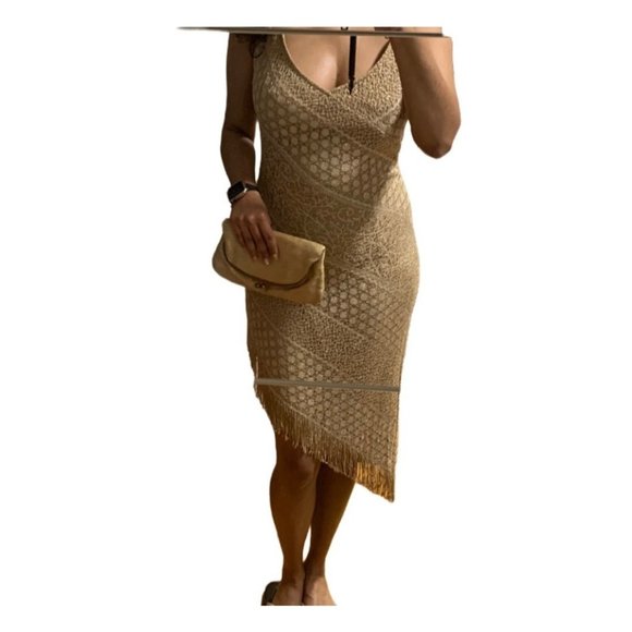 Vintage Bari Jay Gold Tan High Low Crochet Dress 80s 90s - Picture 4 of 9